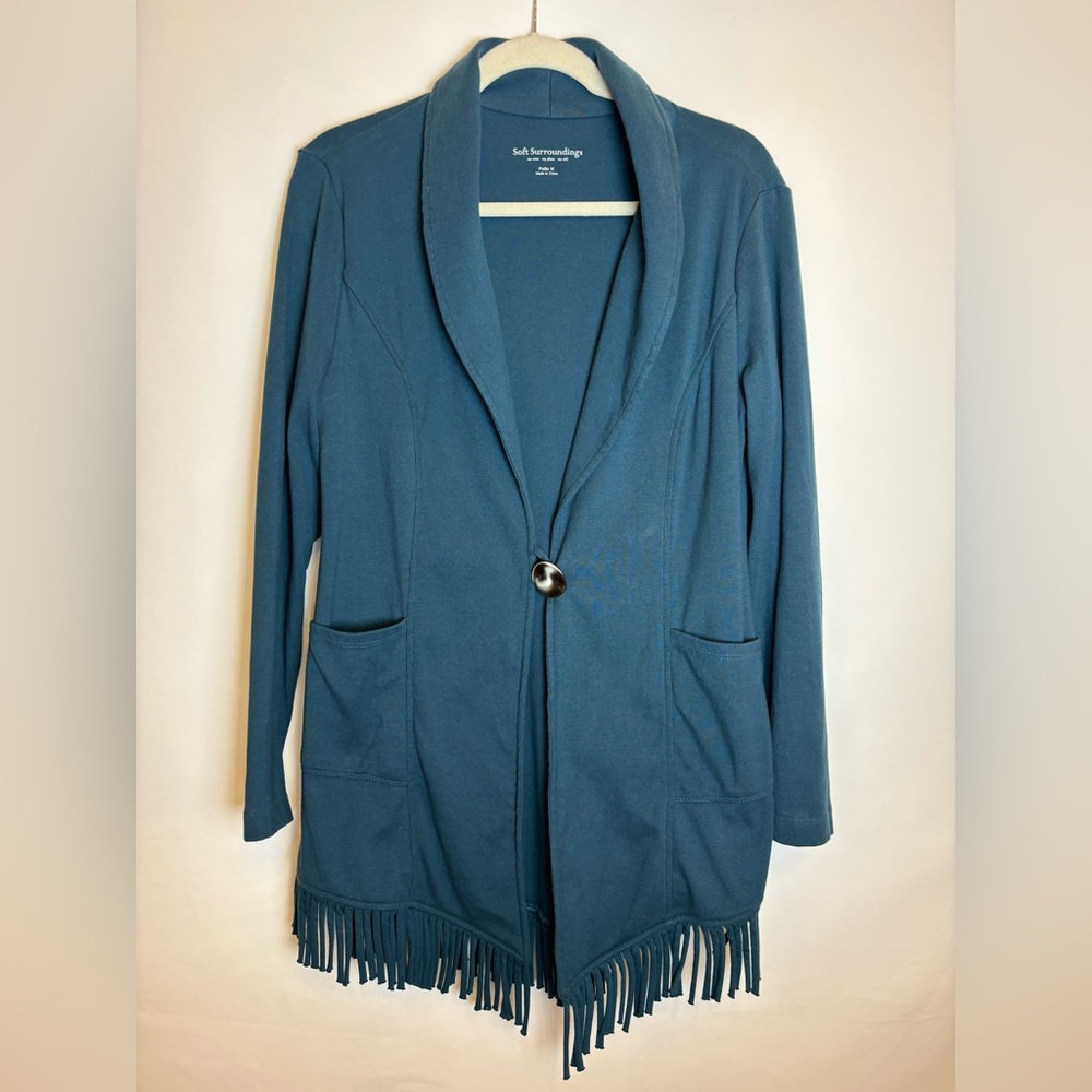 Soft Surroundings Petite Medium cotton Cardigan Sweater Teal Blue Fringe Bottom
